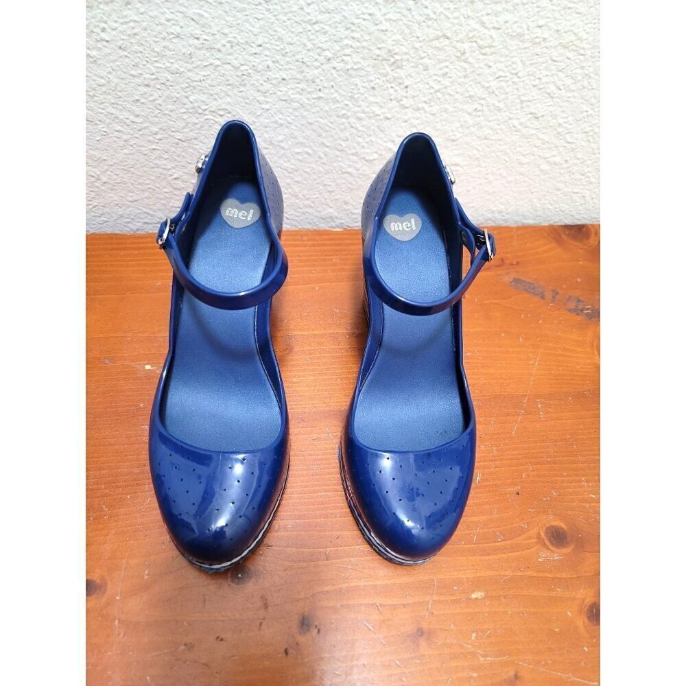 Melissa Blue Wedge Sandals with Striped Heel - Picture 2 of 12